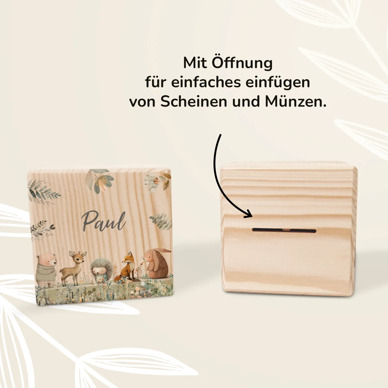 Personalisierte Holzspardose "Waldtiere Aquarell”