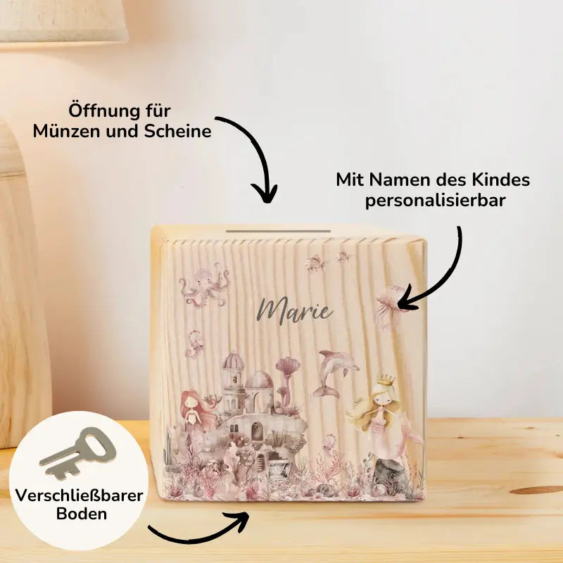 Personalisierte Holzspardose "Meerjungfrau" - Bo & Birdie