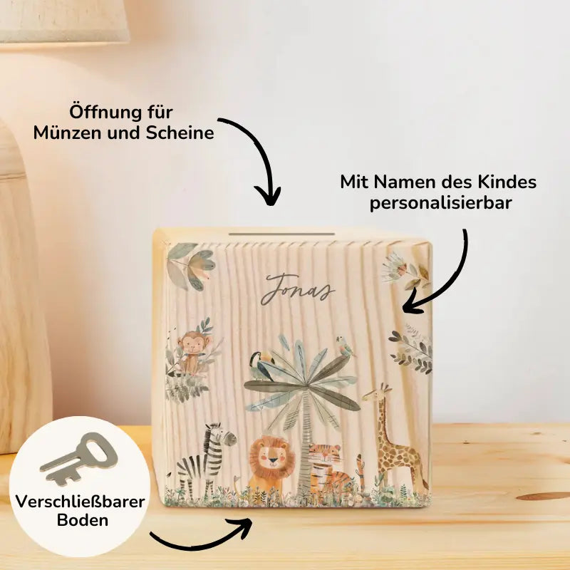 Personalisierte Holzspardose "Safari Tiere" - Bo & Birdie