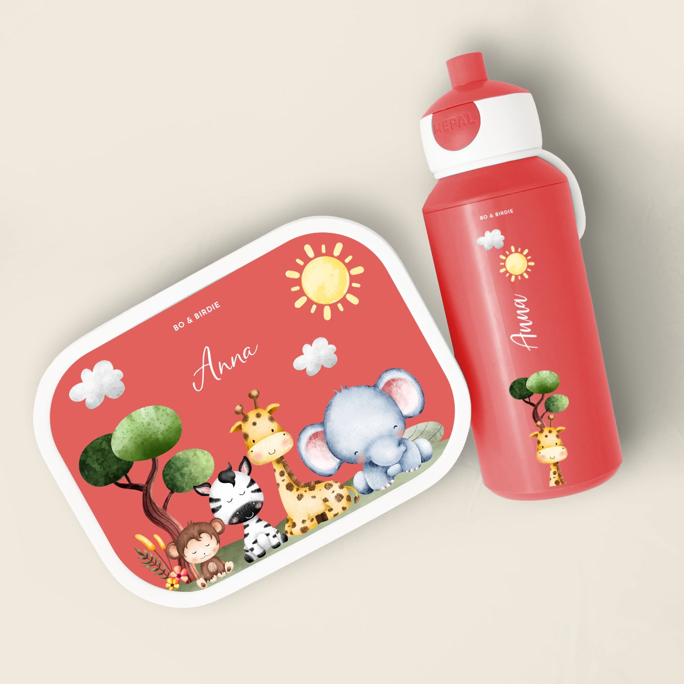 Set: Personalisierte Mepal Brotdose & Trinkflasche "Mini Safari" Bo & Birdie