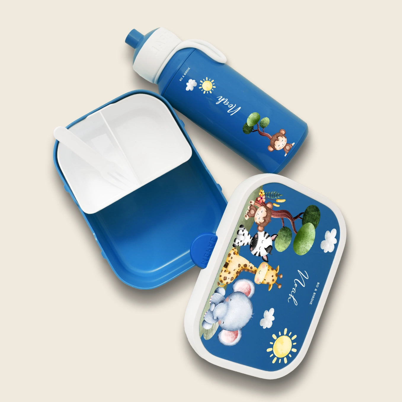 Set: Personalisierte Mepal Brotdose & Trinkflasche "Mini Safari" Bo & Birdie